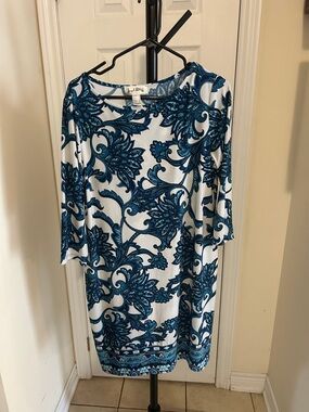 Joseph Ribkoff White Dress with Teal Scroll Floral Print